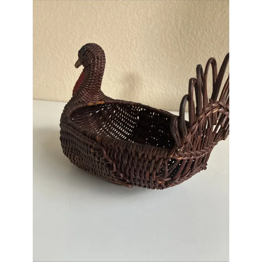 Vintage Turkey Wicker Basket Thanksgiving Cottage Fall Family Boho Feast